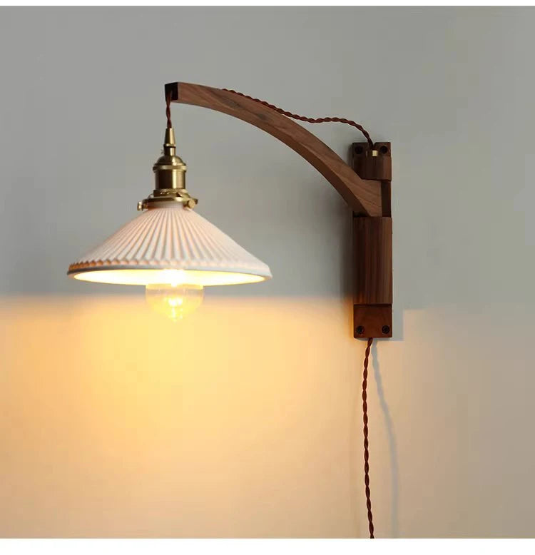 Vintage foldable solid wood walnut wood wall lamp wabi-sabi Japanese brass ceramic homestay bedroom bedside wall lamp