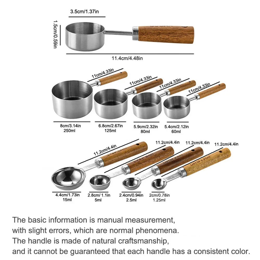 1/4/8Pcs Measuring Cup Spoon Sets Stainless Steel Wooden Handle Coffee Flour Scoop Bartending Scale Kitchen Cooking Gadget Sets