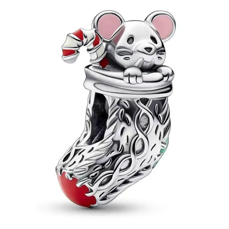 Christmas Series New 925 Sterling Silver Socks Mouse Elk Christmas Tree Pendant fit Original Pandora Bracelet DIY Gift