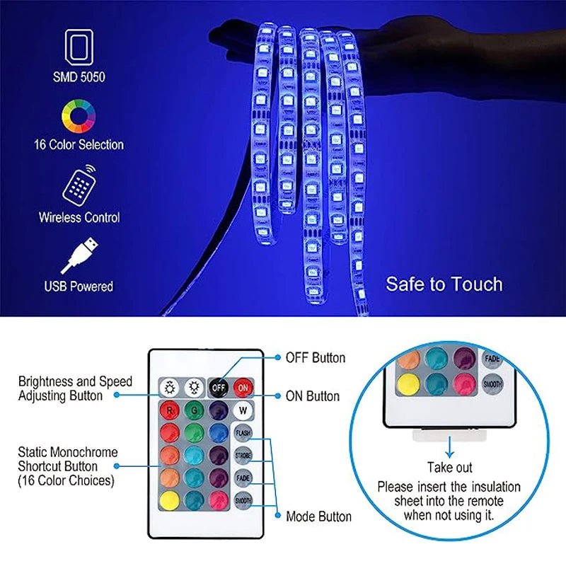 Led Strip Light 5M Color Changing 5050 RGB LED USB Flexible Lights with 24 Keys FOR Children Gaming Room Home Party TV Backlight