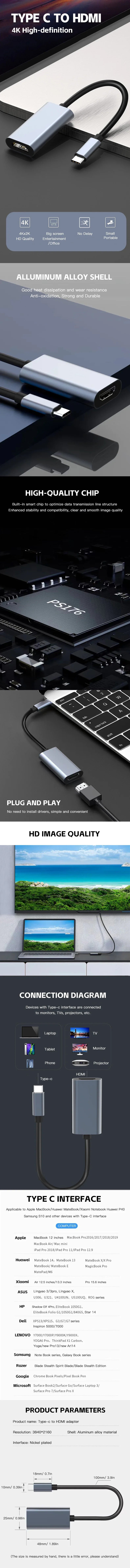 TYPE C to HDMI 4K Adapter USB C USB3.1 Male to HDTV Female Converter Cable for Laptop Tablet TV MacBook