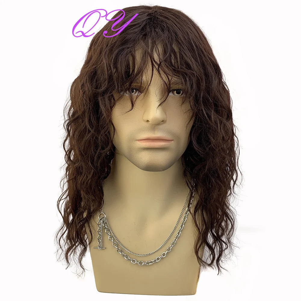 Synthetic Men Wig Natural Curly Dark Brown Color Male Wig With Bangs Water Wave Daily or Cosplay Adjustable Man Hair Wig