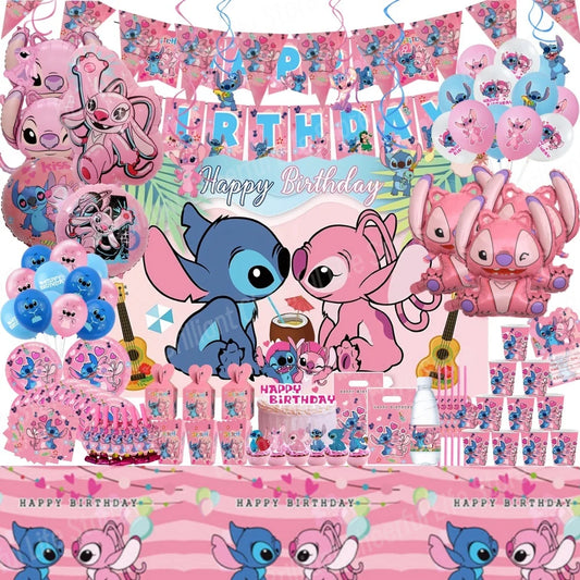 Disney Lilo Stitch Birthday Decorations Pink Angel Theme Party Tableware Cake Toppers Balloons Happy Party Baby Shower Supplies