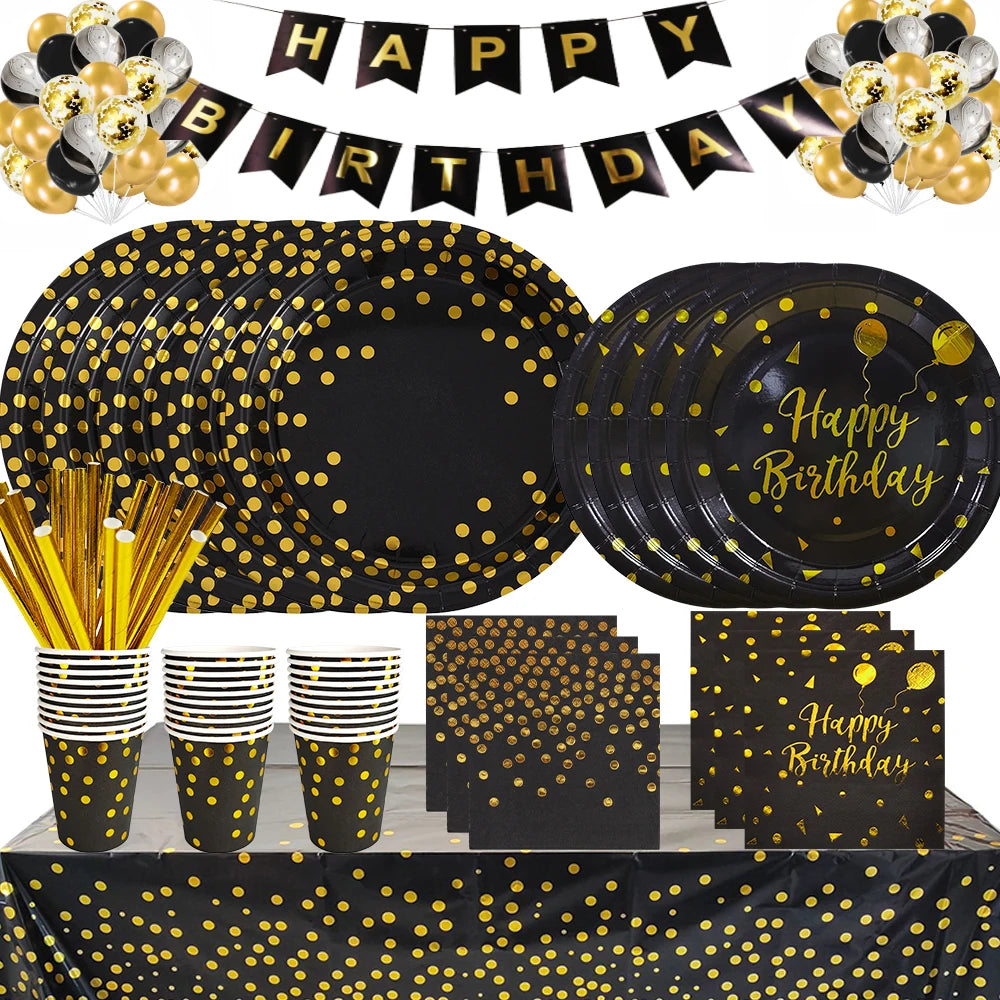 Black Gold Birthday Disposable Tableware Set Paper Plates Cups Napkins Tablecloth Adult Happy Birthday Party Decoration Wedding