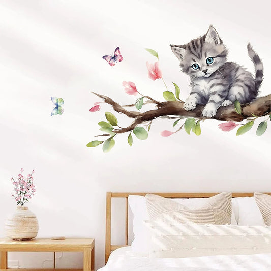 1Pc Watercolor Cartoon Cute Cat on Tree Branch Wall Stickers for Kids Room Decoration Wall Decals Bedroom Decoration Home Decor