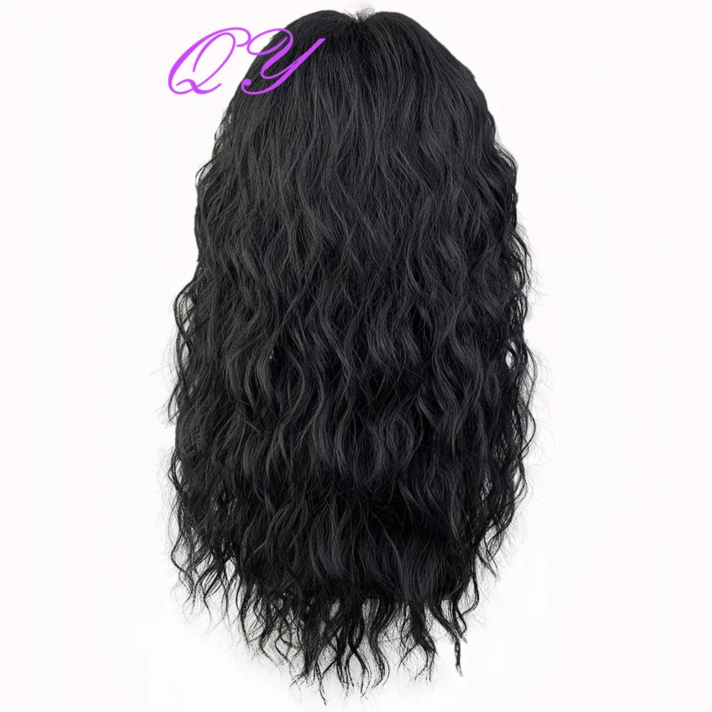 Synthetic Men Wig Natural Curly Dark Brown Color Male Wig With Bangs Water Wave Daily or Cosplay Adjustable Man Hair Wig