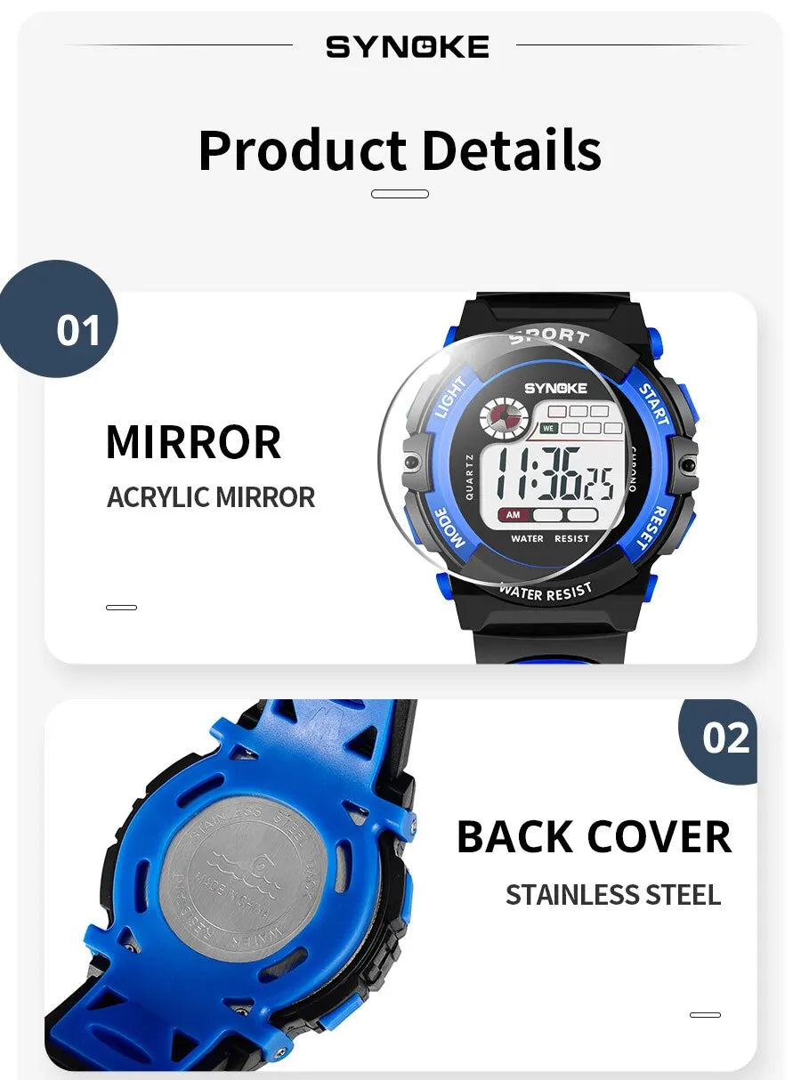 SYNOKE Student Kids Digital Watch Sports Waterproof Boy Electronic Watch Shock Resist Multifunctional Luminous Fashion