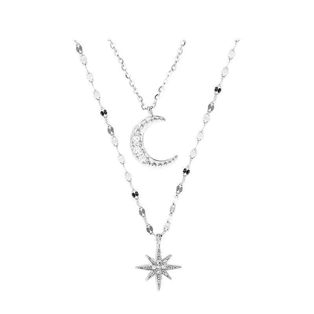 SUMENG 2024 Simple Double Layer Star Moon Charm  Multilayered Necklace Delicate Clavicle Chain Zircon For Women Fashion Jewelry