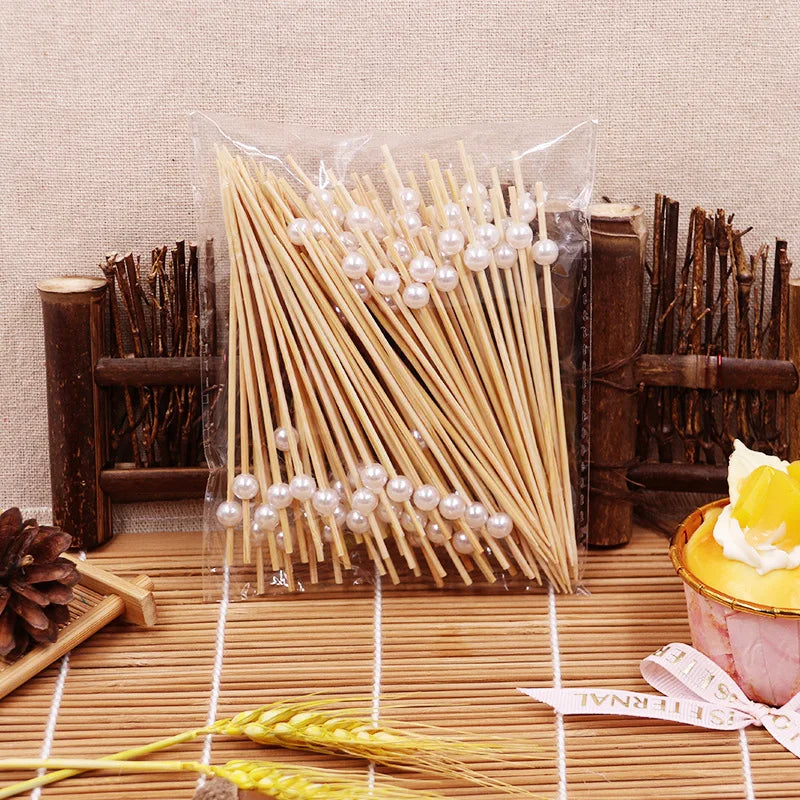 100Pcs Wedding Pearl Disposable Bamboo Skewers Wooden Cocktail Picks Fruit Picks Snack Fork Skewer Wedding Party Supplies