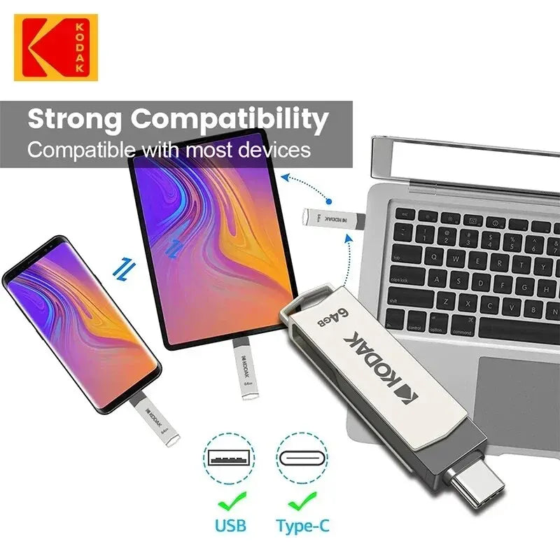 KODAK USB3.2 Type C Flash Drive 256GB 128GB 32GB Pendrive High Speed Dual Memory Stick For Smartphone Laptop