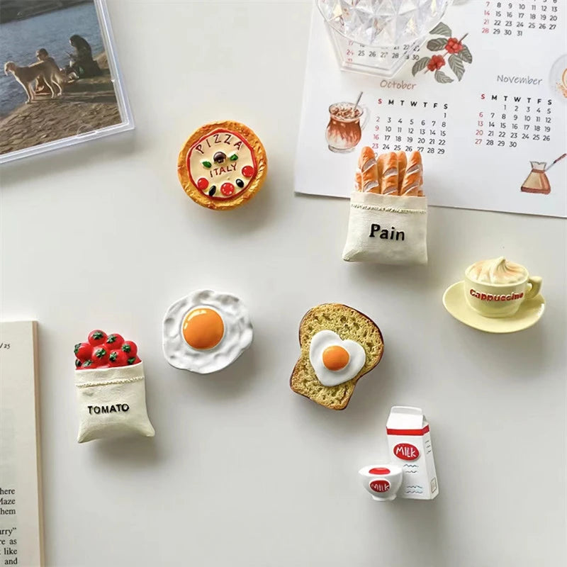 Creative Fridge Magnets Food Series 3D Simulation Eggs Bread Tomatoes On Sticks Breakfast Decoration Resin Refrigerator Sticker