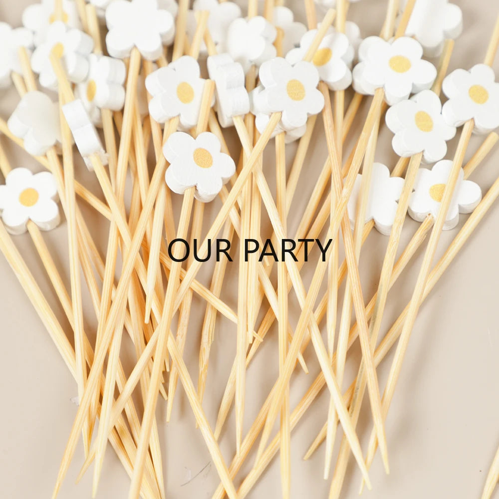 100Pc Sweet Daisy Flower Disposable Bamboo Food Picks Dessert Fruit Forks for Kids Birthday Wedding Baby Shower Party Decoration