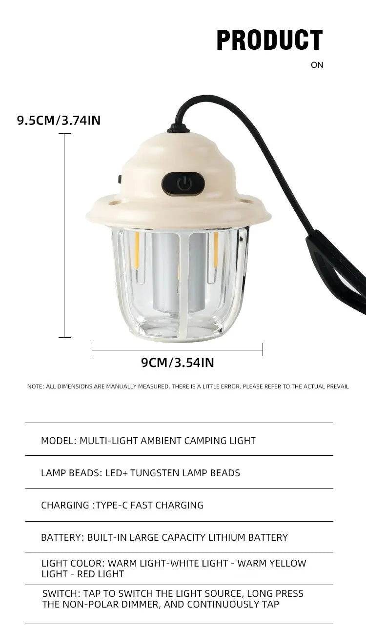 LED Camping Lamp 1200mAh Retro Hanging Tent Lamp 2700K/6500K Emergency Light Lantern IPX4 Waterproof Type C Charging for Outdoor