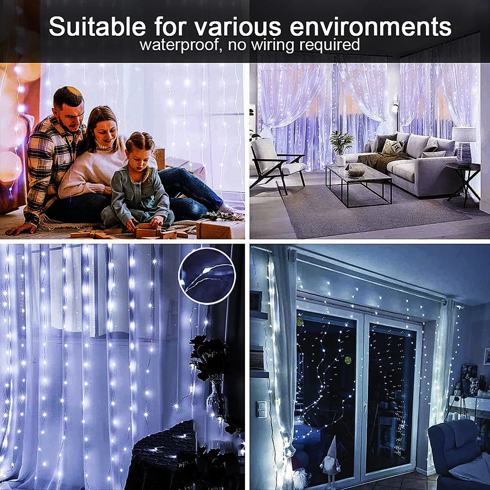 Outdoor Solar Curtain Light 300LED Waterproof String Lights Garden Yard Pavilion Fairy Garland String Lights Holiday Decor Light