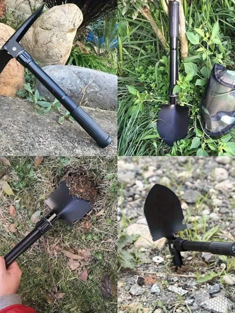 Compact 5-in-1 Survival Shovel - Durable Stainless Steel Tactical Spade with Compass, Saw & Bottle Opener for Outdoor Adventures