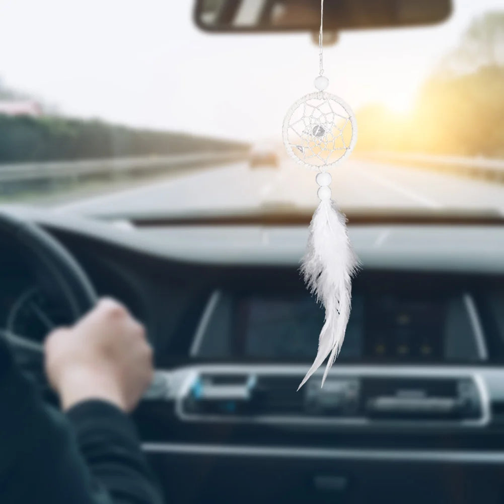 Mini Dream Catcher Car Pedant Pure White Feather Wind Chimes Decor Home Ornament