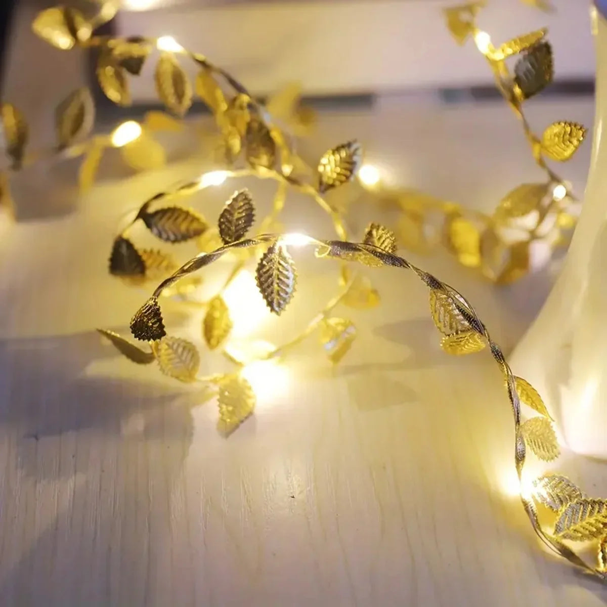 Golden Tiny Leaves Fairy Light Sliver Leaf Battery Powerd Led Copper Wire String Lights For Wedding Home Party DIY Xmas Decor