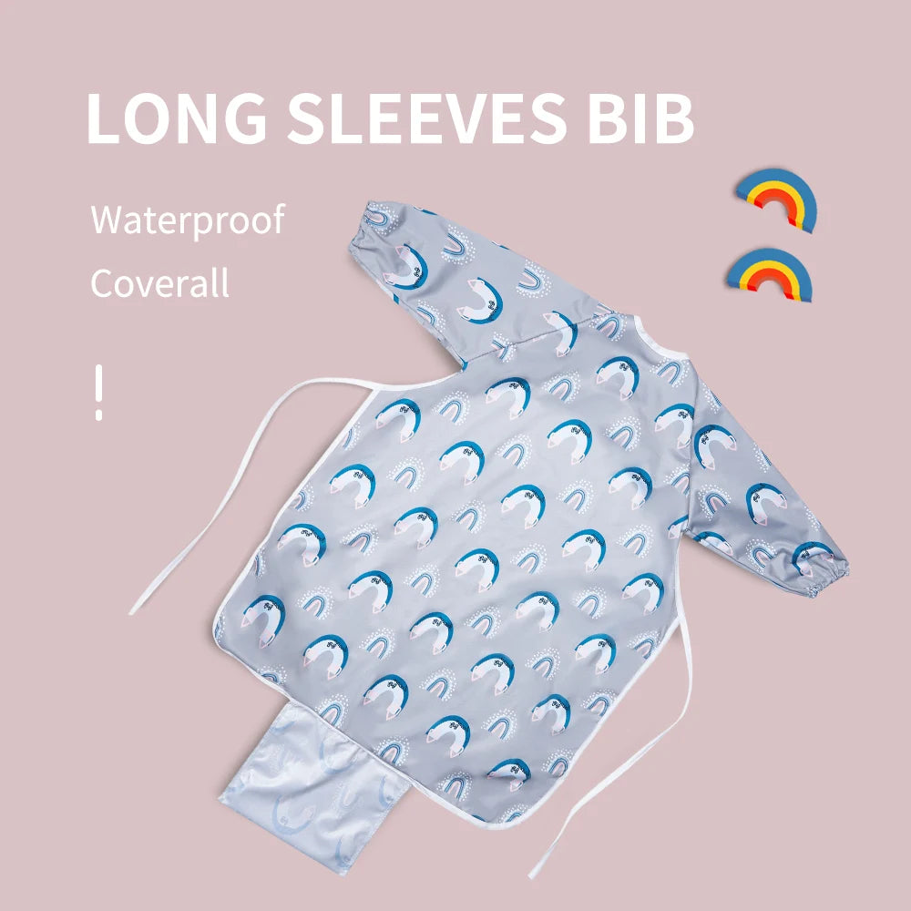 HappyFlute New 1PC Table Use Full Coverage Pocket Waterproof Printed Long Sleeve Coverall Packable Baby Feeding Bibs