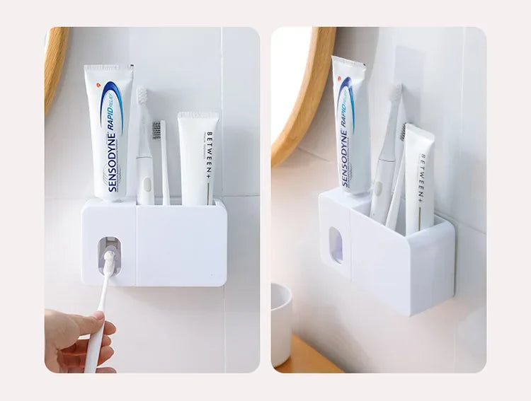 2 In 1 Toothpaste Dispenser With Toothbrush Holder Wall Mount Automatic Tooth Paste Squeezer Bath Organizer Bathroom Accessories