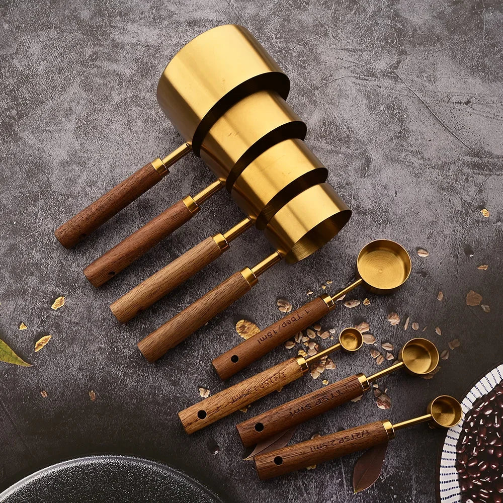 1/4/8Pcs Measuring Cup Spoon Sets Stainless Steel Wooden Handle Coffee Flour Scoop Bartending Scale Kitchen Cooking Gadget Sets