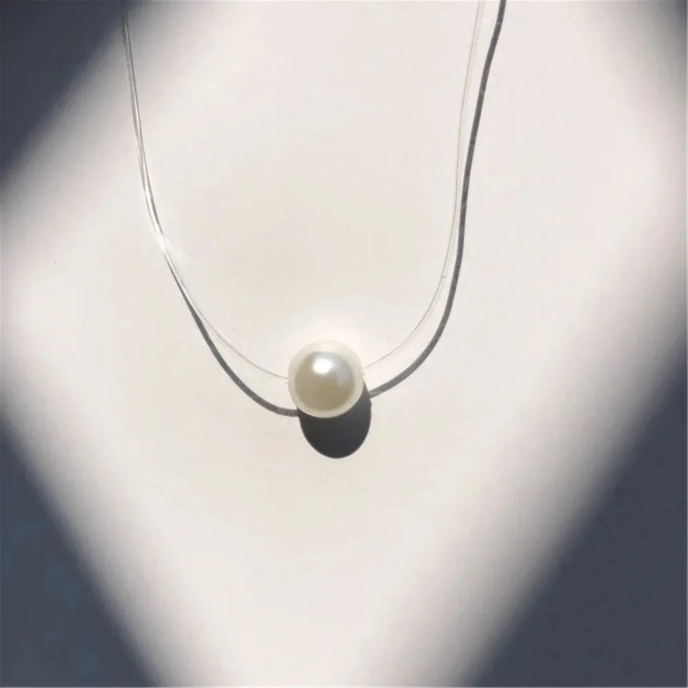 SUMENG New Personality Fashion Square Imitation Pearl Crystal Zircon Necklace Invisible Transparent Fishing Line  Women