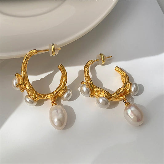 2024 Vintage Baroque Pearl Pendant Women's Earrings Metal Geometric Large Earrings Ear Studs