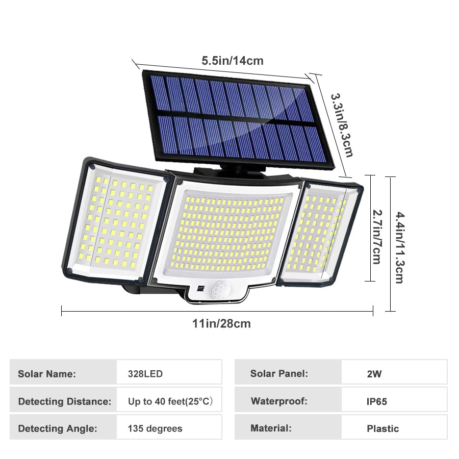 Solar Light Outdoor 328/348 LED Integrated Super Bright Motion Sensor Strong Power IP65 Waterproof 3 Working Modes Garden Wall