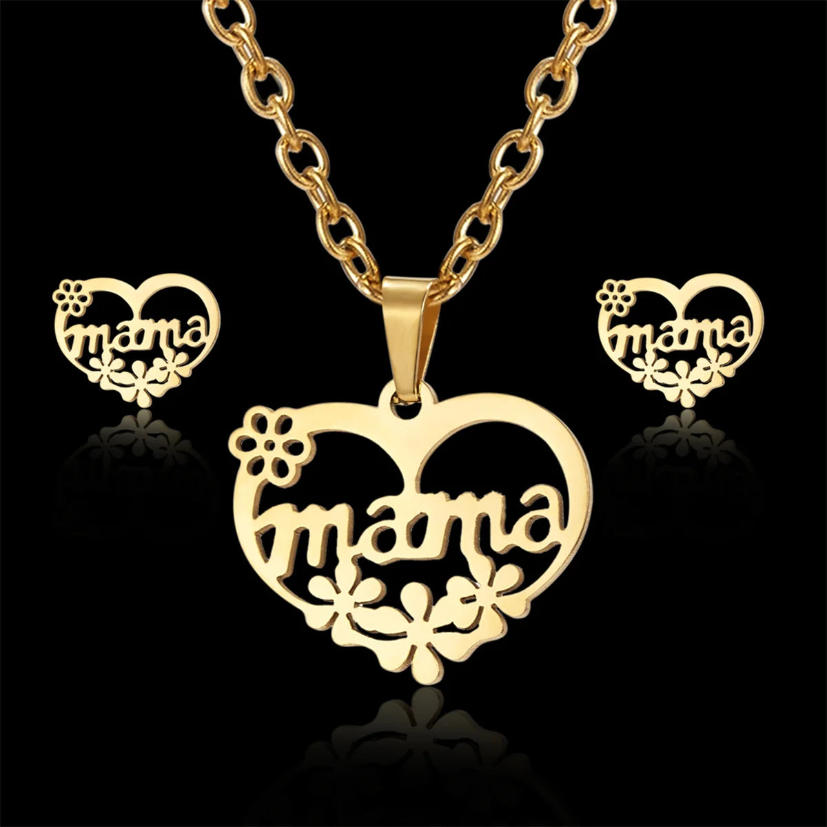 Stainless Steel Gold Color Mother's Day Jewelry Set For Women Hollow Heart Flower Mama Necklace Earrings Thanksgiving Day Gifts