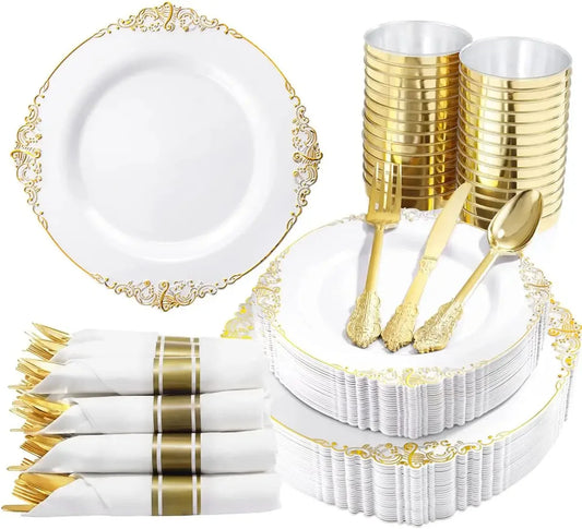 Multi piece set -disposable gold-plated embossed plate with PS hard plastic tableware, knives, forks, spoons for various parties