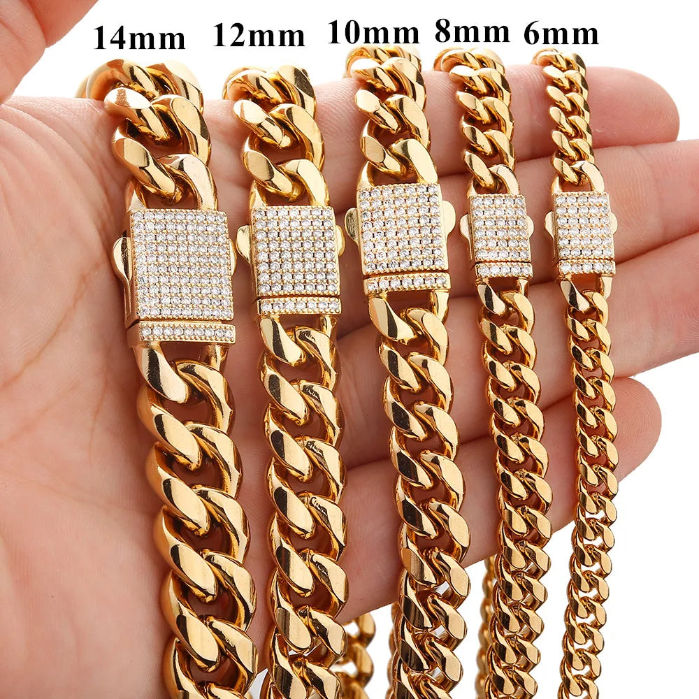 Any Length 7"-40" 6mm-14mm New Fashion Women Mens Chain 316L Stainless Steel Miami Link Necklace or Bracelet Crystal Buckle Gift