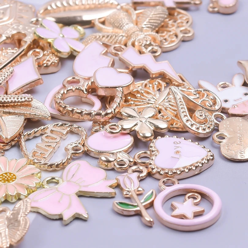 Enamel Alloy Heart Leaves Mushroom Pink Gold Color Charms Shell Starfish diy Women Bracelet jewelry making Mix Pendant Accessory