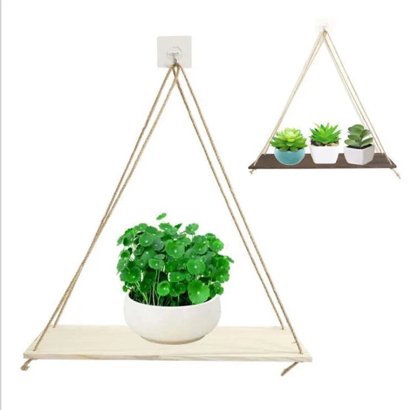 1PCS Wall decoration hanging rope flower pot storage rack wall hanging wooden storage rack, hanging decoration, home decoration