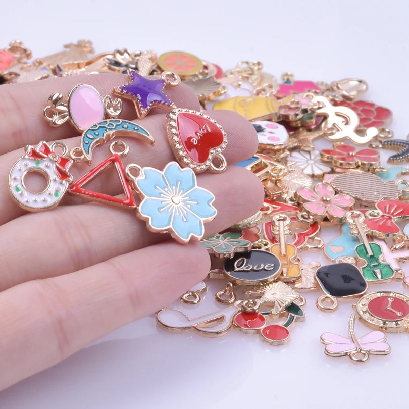 30/50/100PCS Mixed Gold Color Alloy Enamel Cute Heart Flower Fruit Charms Pendant For DIY Earrings Bracelet Jewelry Accessories