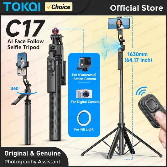 TOKQI C17 Selfie Tripod for Cell Phone 360°Auto-Rotation AI Tracking Shooting Quadrapod with Remote Control, Optional Fill Light