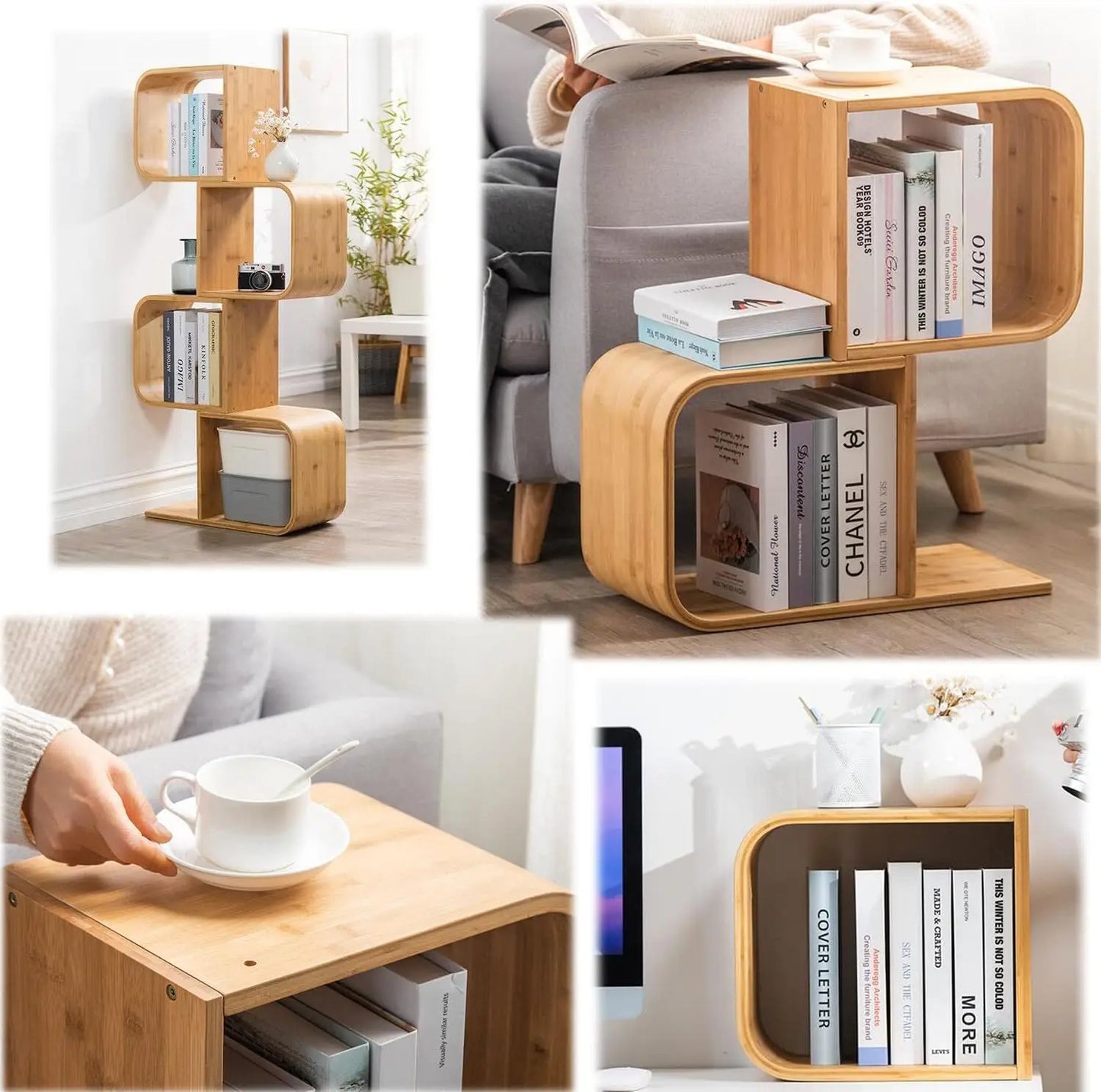 5-layer S-shaped geometric bamboo bookshelf, large capacity curved shelf bedside table 2 in 1 bookcase suitable for home, office