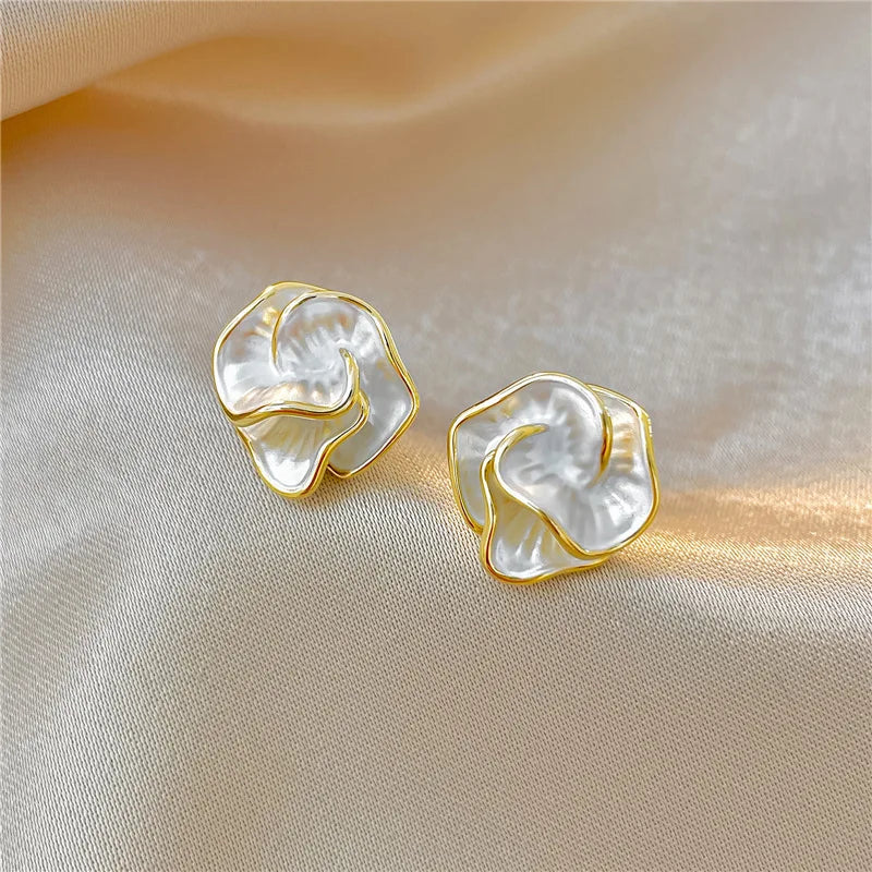 LATS White Enamel Flower Stud Earrings for Women Folded Unique Design Multi-layers Floral Female Small Earrings 2024 New Brincos