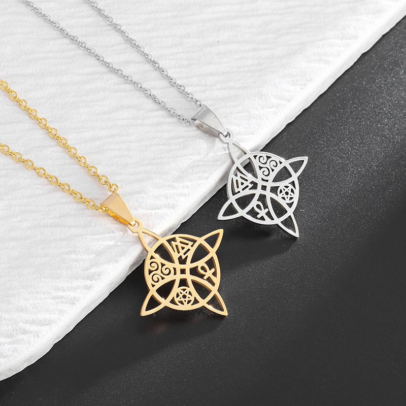 Witchcraft Witch Knot Necklace Irish Trinity Knot Triple Spiral Pendant Stainless Steel Ankh Cross Pentagram Amulet Jewelry