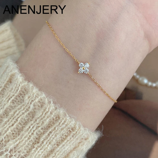 ANENJERY Zircon Four Leaf Flower Chain Bracelet for Women Niche Simple Desgin Party Jewelry Accessories