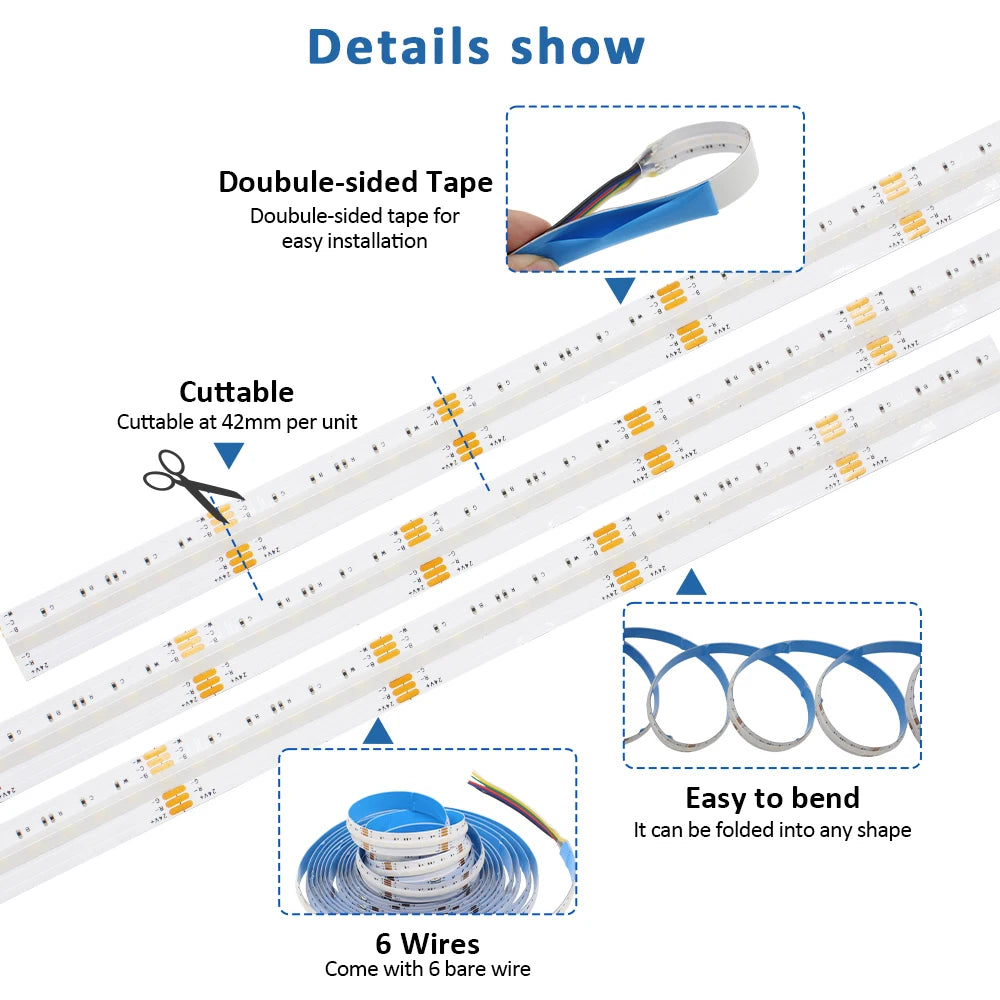 5M RGBCCT COB LED Strip Light DC 24V 840LEDs/m RGB CCT Dotless Flexible FCOB LED Tape Ribbon Lamp for Room Decoration Lighting