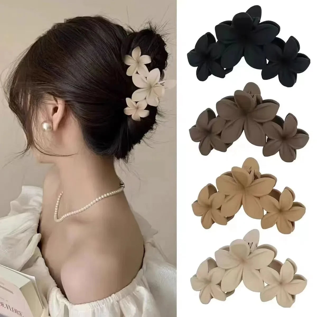 4pcsTemperament Hair Clip Frosted Scrunchie Hairpin Shark Clip High Value Light Luxury Flower Headdress Elegant Bangs Back of th