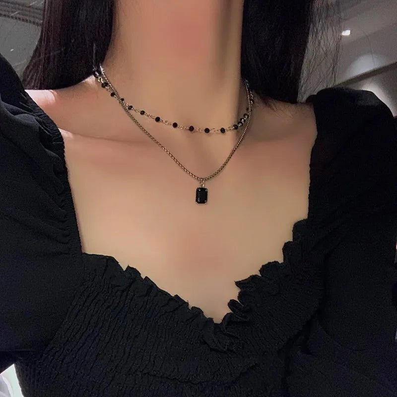 Women Choker Necklace Double Layer Beads Necklace Gift for Friend Silver Color Geometric Necklace Wholesale Collar Jewelry