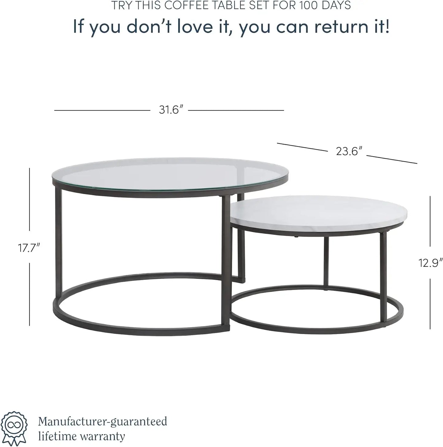 Nathan James Stella Round Modern Nesting Set of 2, Stacking Living Room Accent Tables with Wood, Glass or Faux Marble