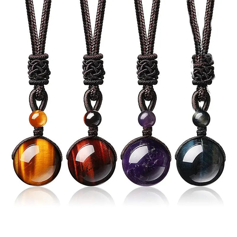 16 Mm Black Obsidian Tiger Eyes Amethyst Stone Women Men Necklaces with Adjustable Braided Rope Cords Natural Crystal Pendant Ne