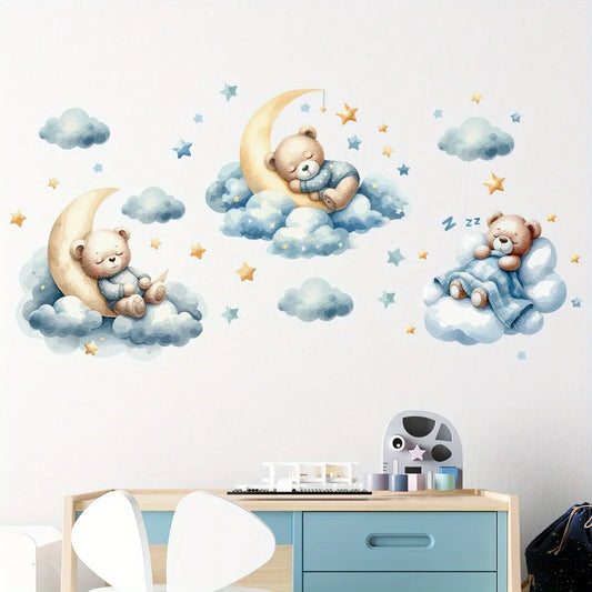 1Pc Cartoon Teddy Bear Sleeping on Clouds Animal Wall Stickers Room Decor Bedroom Children Kids Room Decoration Wall Decals Home