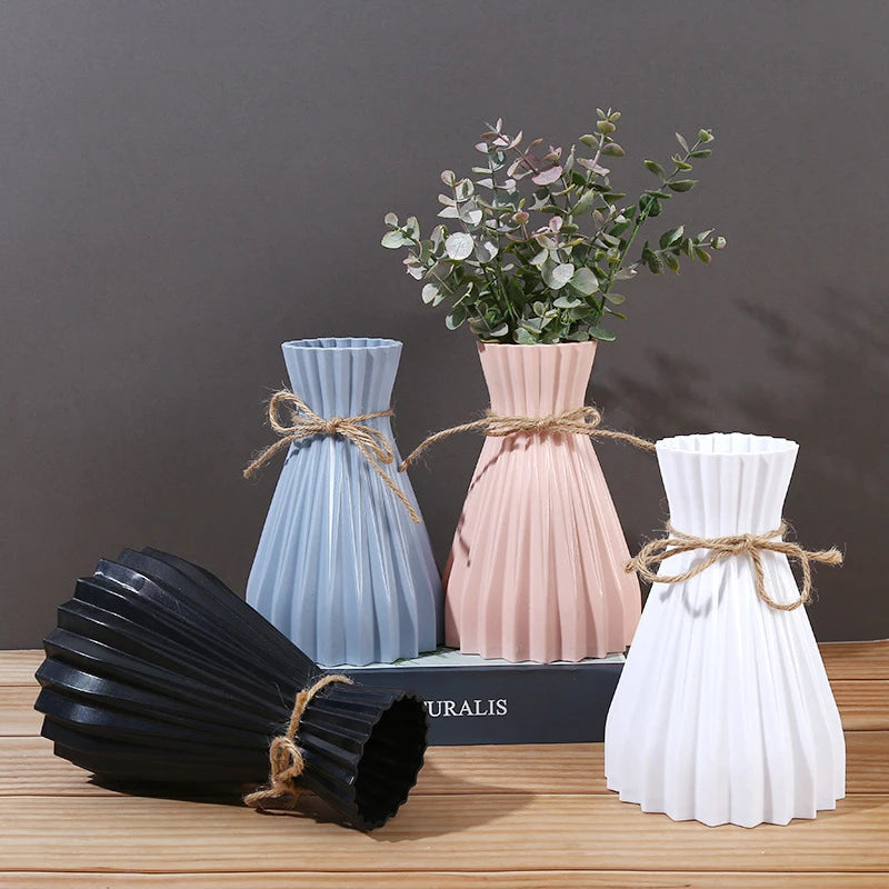 1Pc Narrow Waist Origami Striped Tabletop Vase Simple Home Decor Creative Twine Bow Imitation Ceramic Plastic Flower Vase