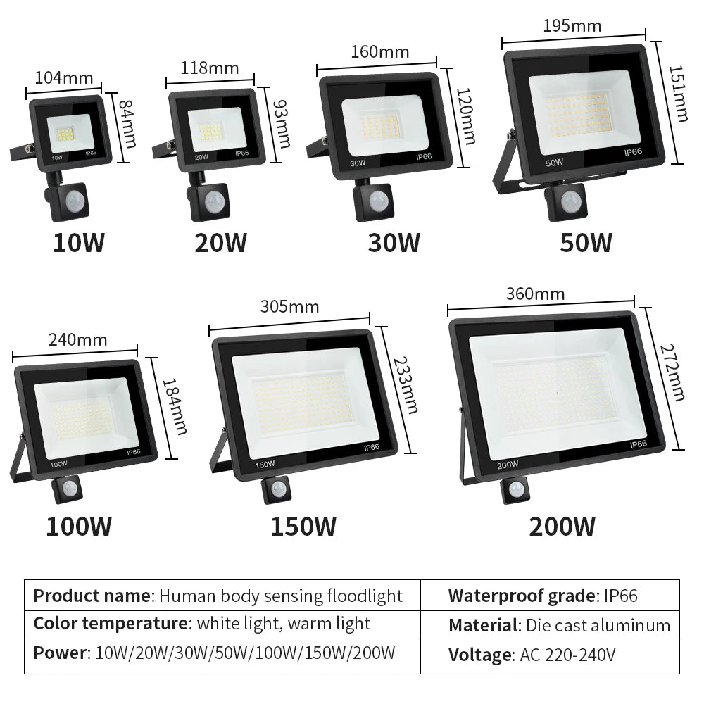 LED PIR Motion Sensor Floodlight Outdoor Wall Light White Light 100W 50W 30W 20W 10W IP66 Waterproof LED Spotlight For Garden