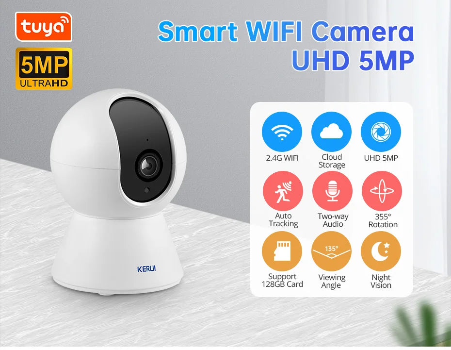 KERUI 5MP Tuya Smart Mini WiFi IP Camera Indoor Wireless Home Security AI Human Detect CCTV Surveillance Camera Auto Tracking