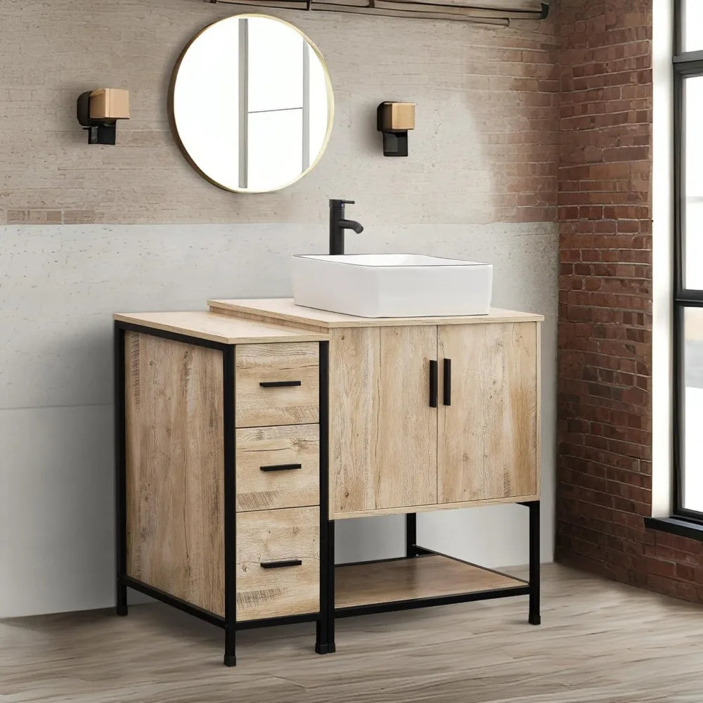 Bathroom Vanity Sink Combo,Industrial Iron Frame Bathroom Cabinet Sets with 3 Drawers Side Cabinet,Artistic Ceramic Vessel Sink