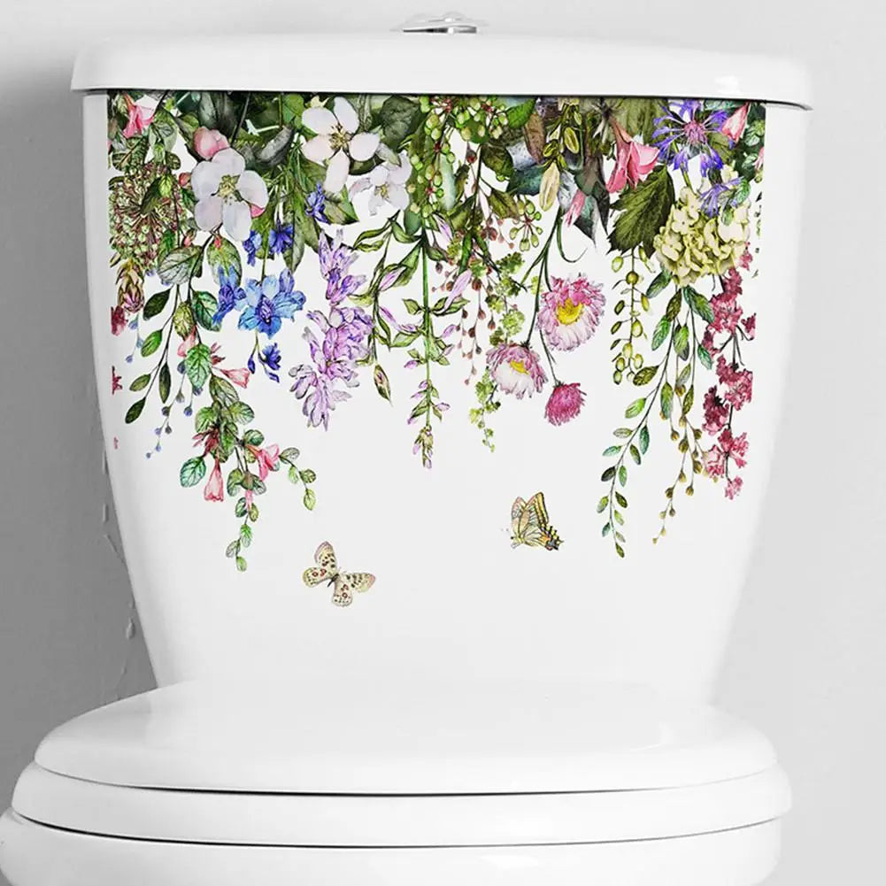 Green Plant Leaves Flowers Toilet Stickers Waterproof Self-Adhesive Toilet Lid Stickers Wall Decals Toilet Cover for Bathroom