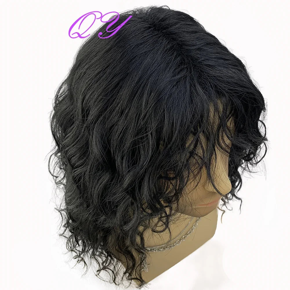 Synthetic Men Wig Natural Curly Dark Brown Color Male Wig With Bangs Water Wave Daily or Cosplay Adjustable Man Hair Wig